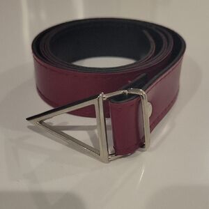 VINTAGE Maroon Leather Belt Triabgle Silver Tone Buckle